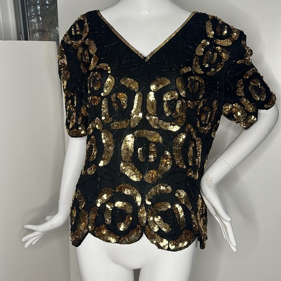 Stenay Sz L Short Sleeve Silk Golf Beaded Top - Picture 1 of 6
